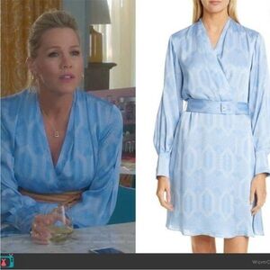 NWOT Equipment Fanetta Geo Printed Blue Long Sleeve Belted Wrap Dress 6 MSRP$425